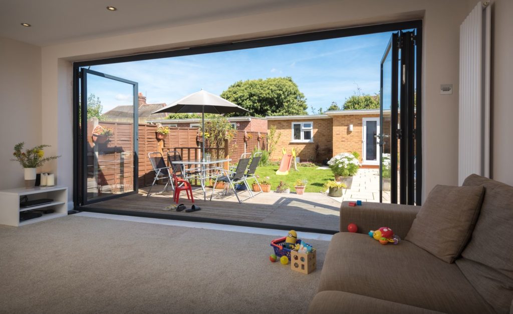 Black Origin bifold doors opened.